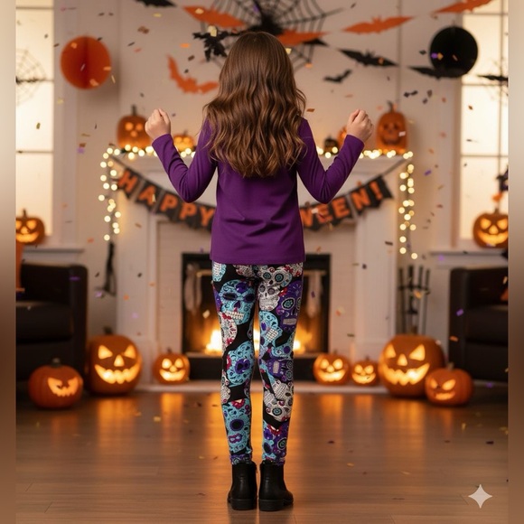 NEW Girls Halloween Skull Leggings, Soft Yoga Pants, Kids Costume - Picture 4 of 7